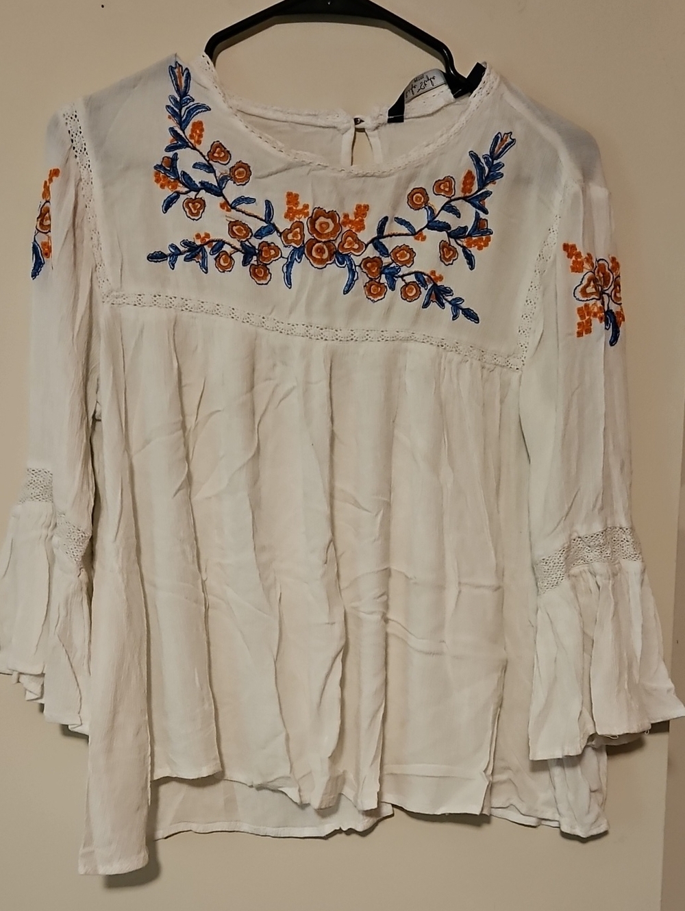 White Embroidered Peasant Tunic with Blue and Orange Floral Detail